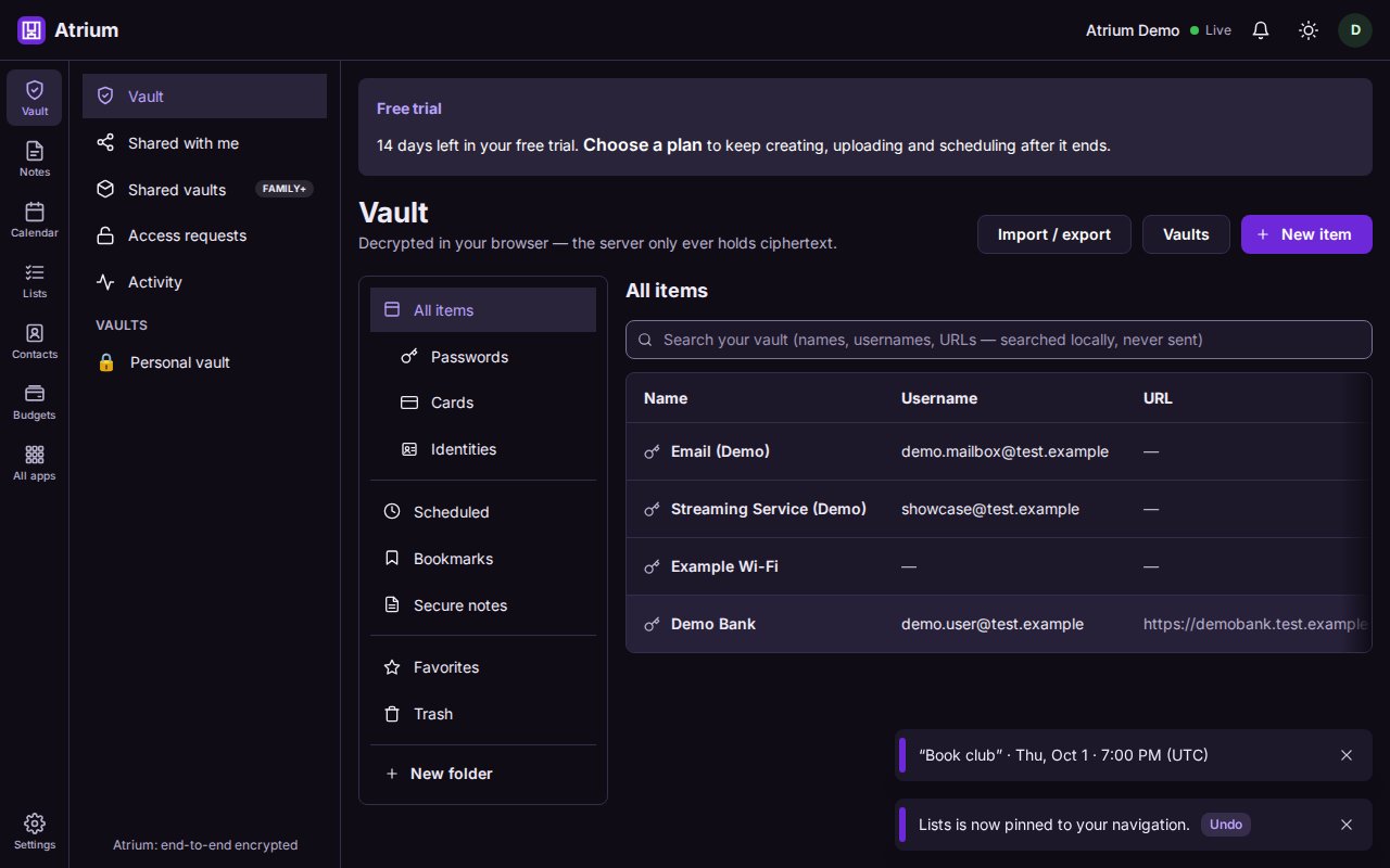 Atrium vault dashboard with demo items and the Vault, Notes, Calendar, Lists, Contacts and Budgets apps.
